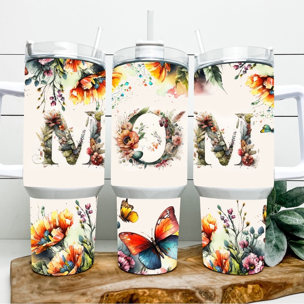 Mom floral 40oz stainless steel insulated tumbler Choice of handle color